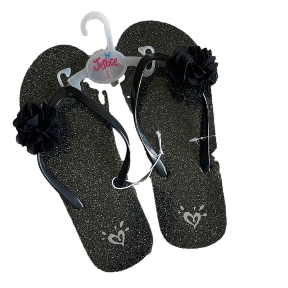 JUSTICE sparkly glitter black flip flops girls 6